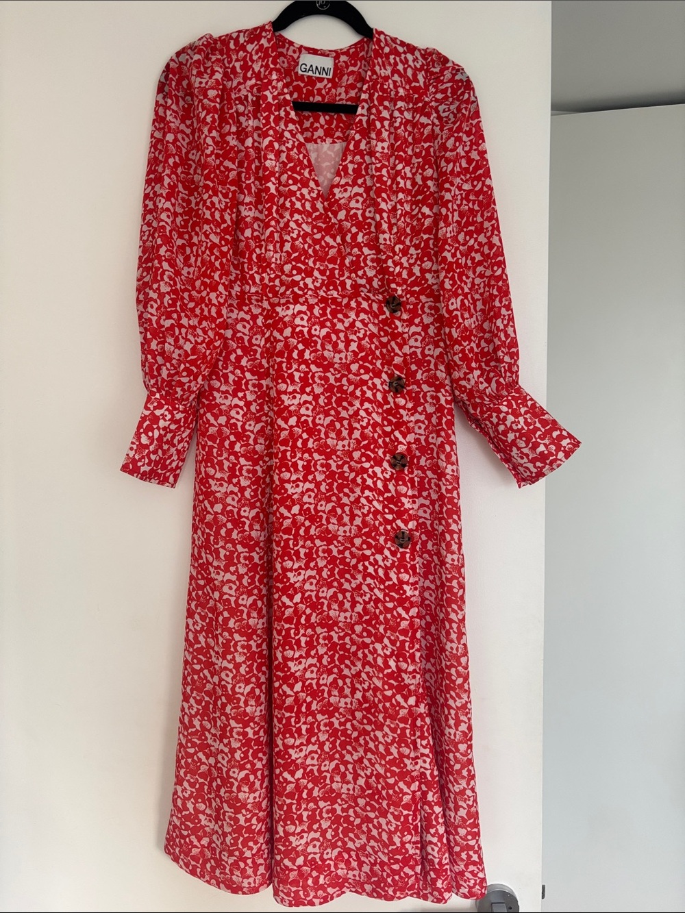 Ganni Red and White Long-Sleeve Wrap Midi Dress